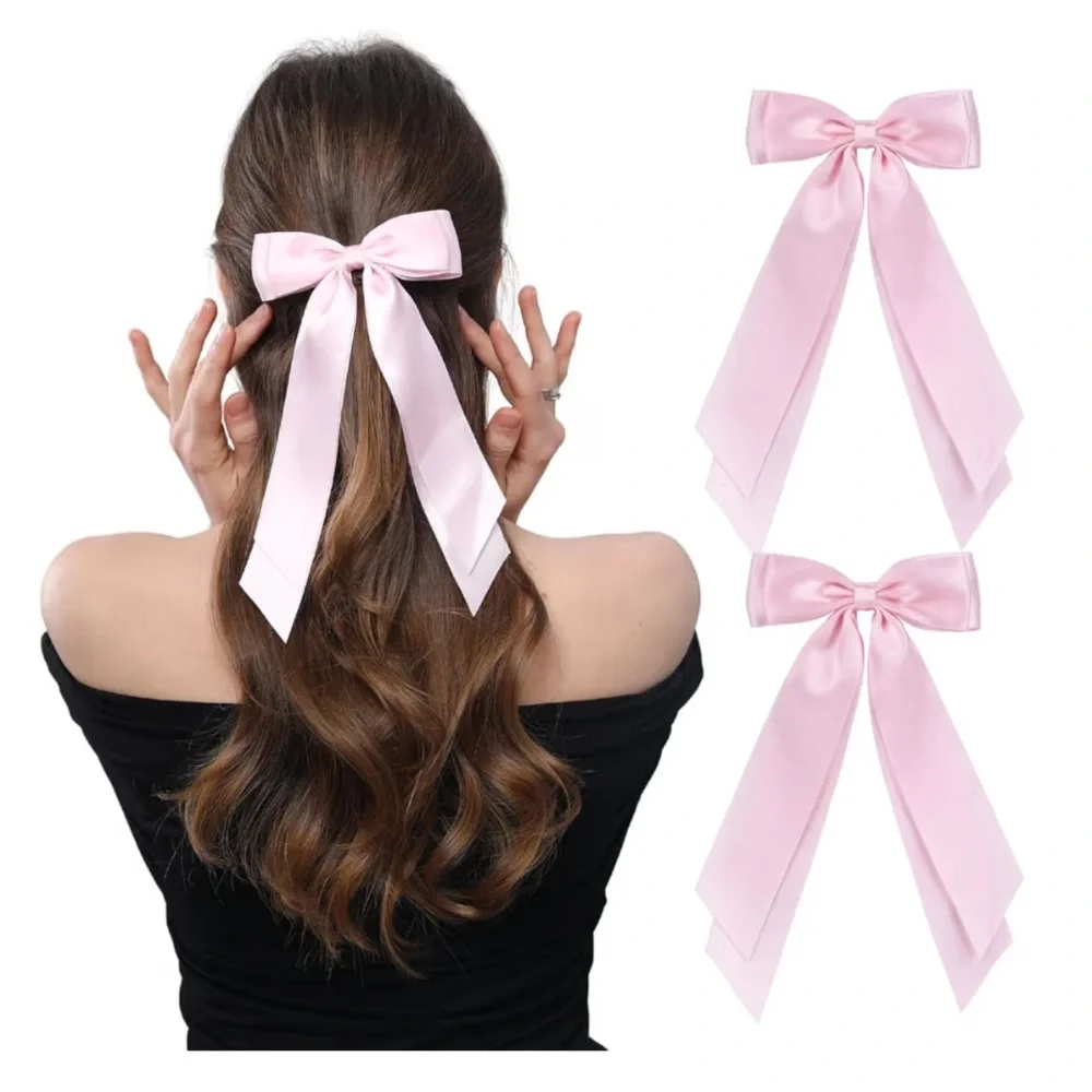 Pink Satin Ribbon Bow Hair Clip Double Layer Long Tail Coquette Balletcore